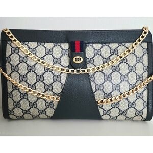 Authentic GUCCI GG Logo Vintage Clutch WOC Crossbody Leather Shoulder Bag Blue